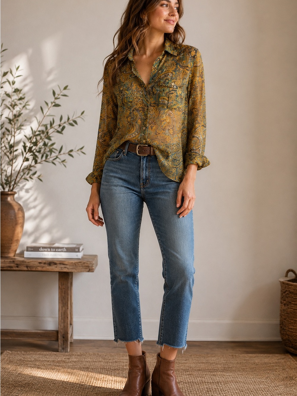 Eddie Bauer Paisley Sheer Button Down Shirt Small Boho Fall Lightweight